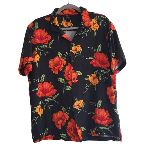 Forever 21 Other - Forever 21 Men Black Orange Floral Button Up Casual Short Sleeve Shirt